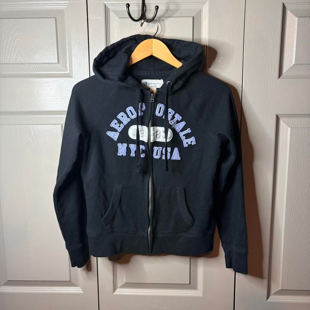 Aeropostale Womens Black Purple Zip Up Hoodie 1987 NYC USA Graphic Sweatshirt S